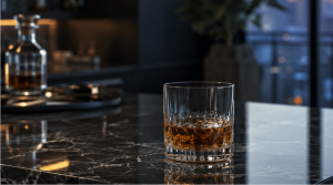 Copo com bebida sobre balcão escuro, simbolizando os impactos do alcoolismo na família e na rotina da casa.