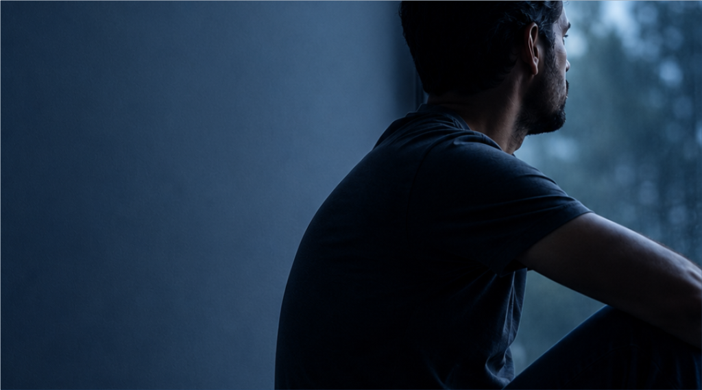 Homem sentado em silêncio próximo à janela, simbolizando sofrimento emocional e sinais silenciosos da dependência química.